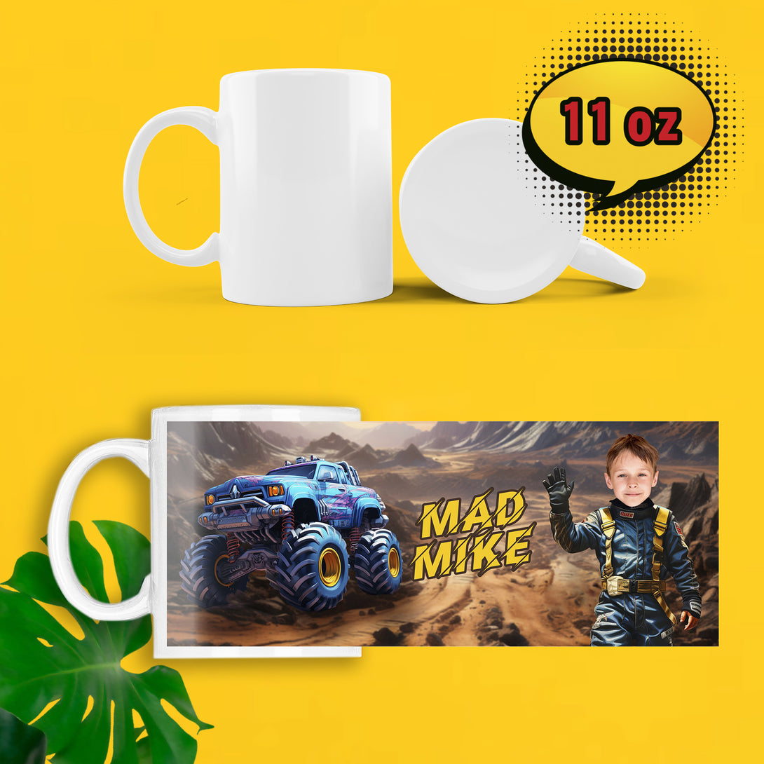 Kids Gift Mug Monster Truck with Your Photos, Boys Custom Mug Cartoon - Custamazegifts.com 