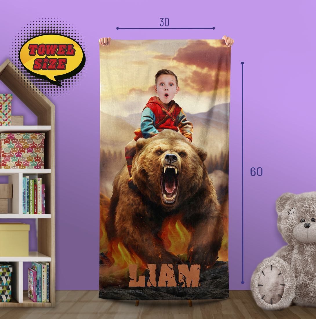 Boys Face Beach Towel, Child Riding Bear Gift for Animal Lover - Custamazegifts.com 