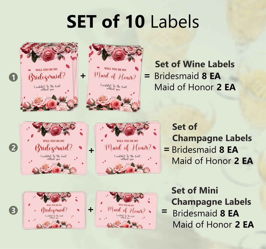 Pink Rose Bridesmaid Proposal Bottle Labels Set of 10 for Champagne Wine - Custamazegifts.com 