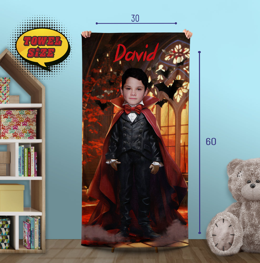 Custom Halloween Count Dracula Photo Boys Beach Towel, Your Face Horror Gift - Custamazegifts.com 