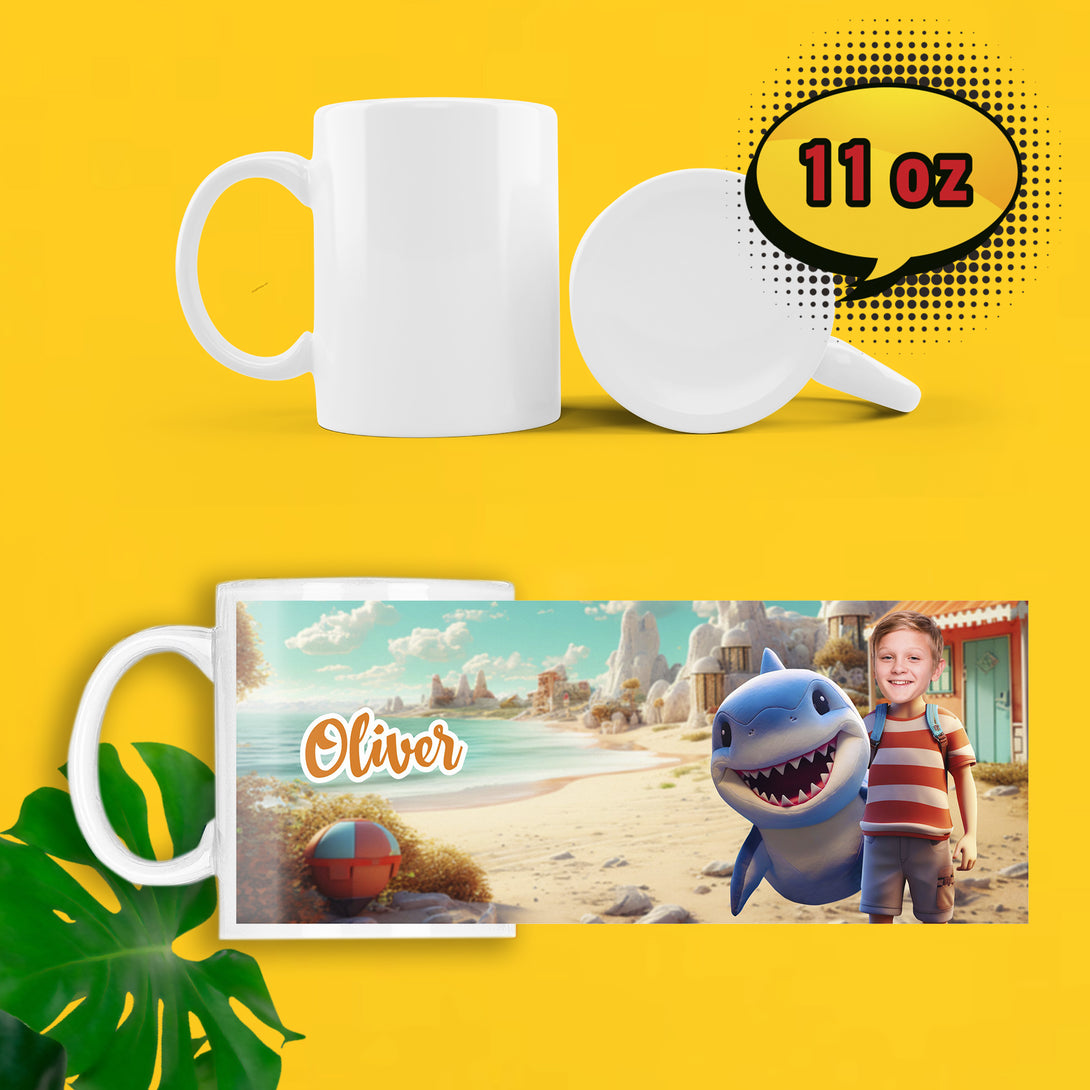 Shark and Boy Face Custom Tea Mug, Personalize Boys Photo Mug - Custamazegifts.com 