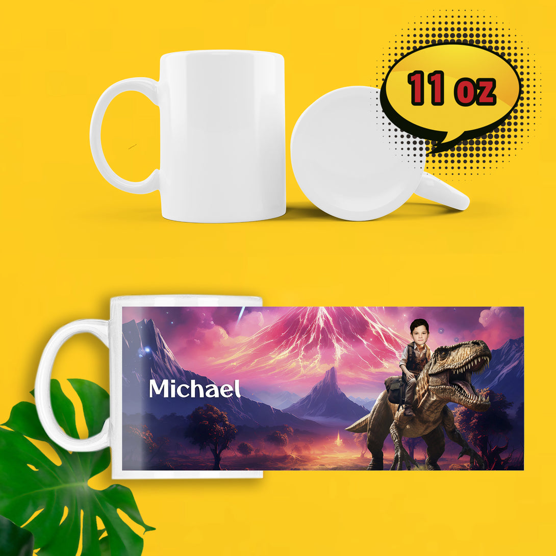 Customized Photo Mug Child Riding Dinosaur, T-Rex Jurassic Gifts for Kids - Custamazegifts.com 