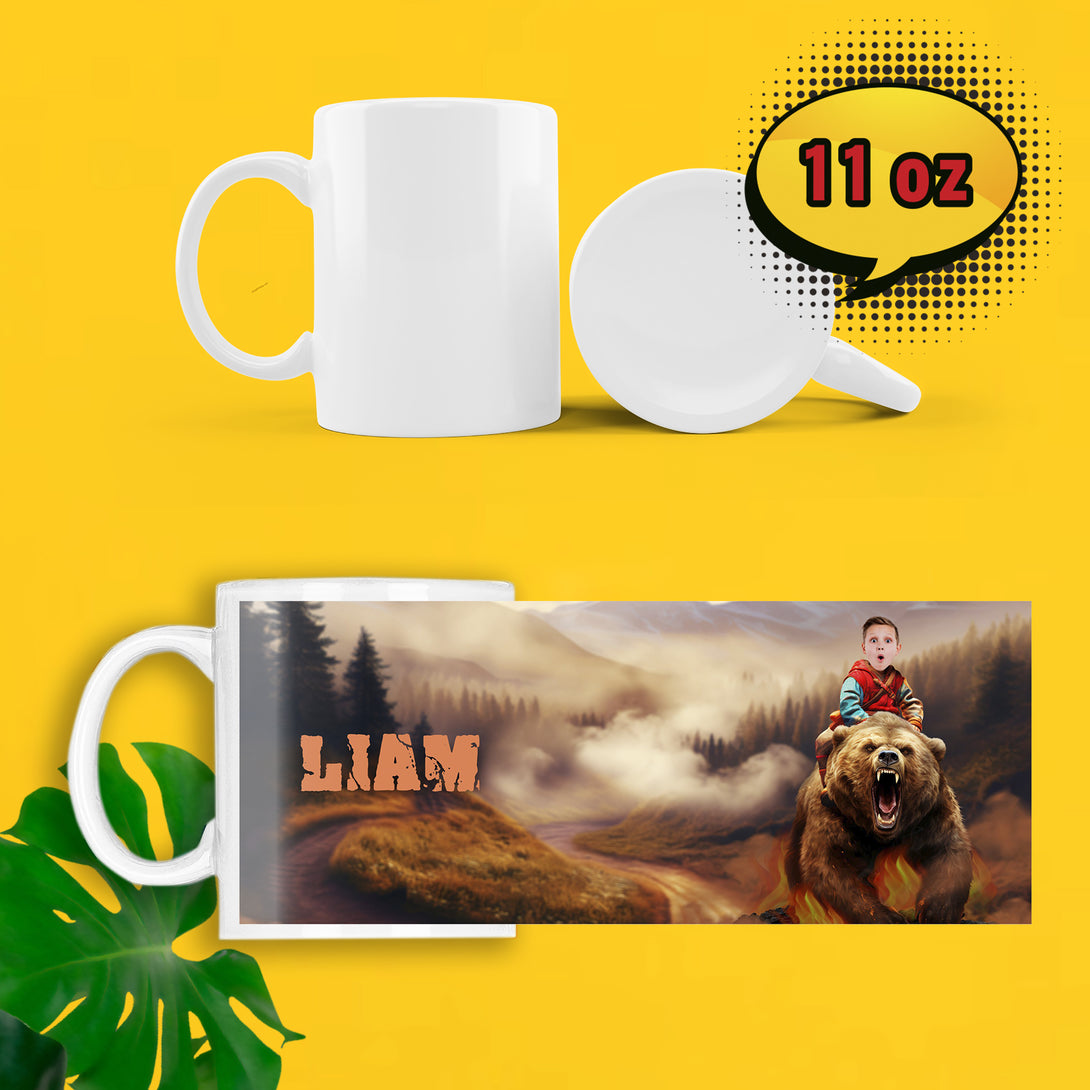 Gift for Animal Lover, Child Riding Bear Boys Custom Mug Photo - Custamazegifts.com 