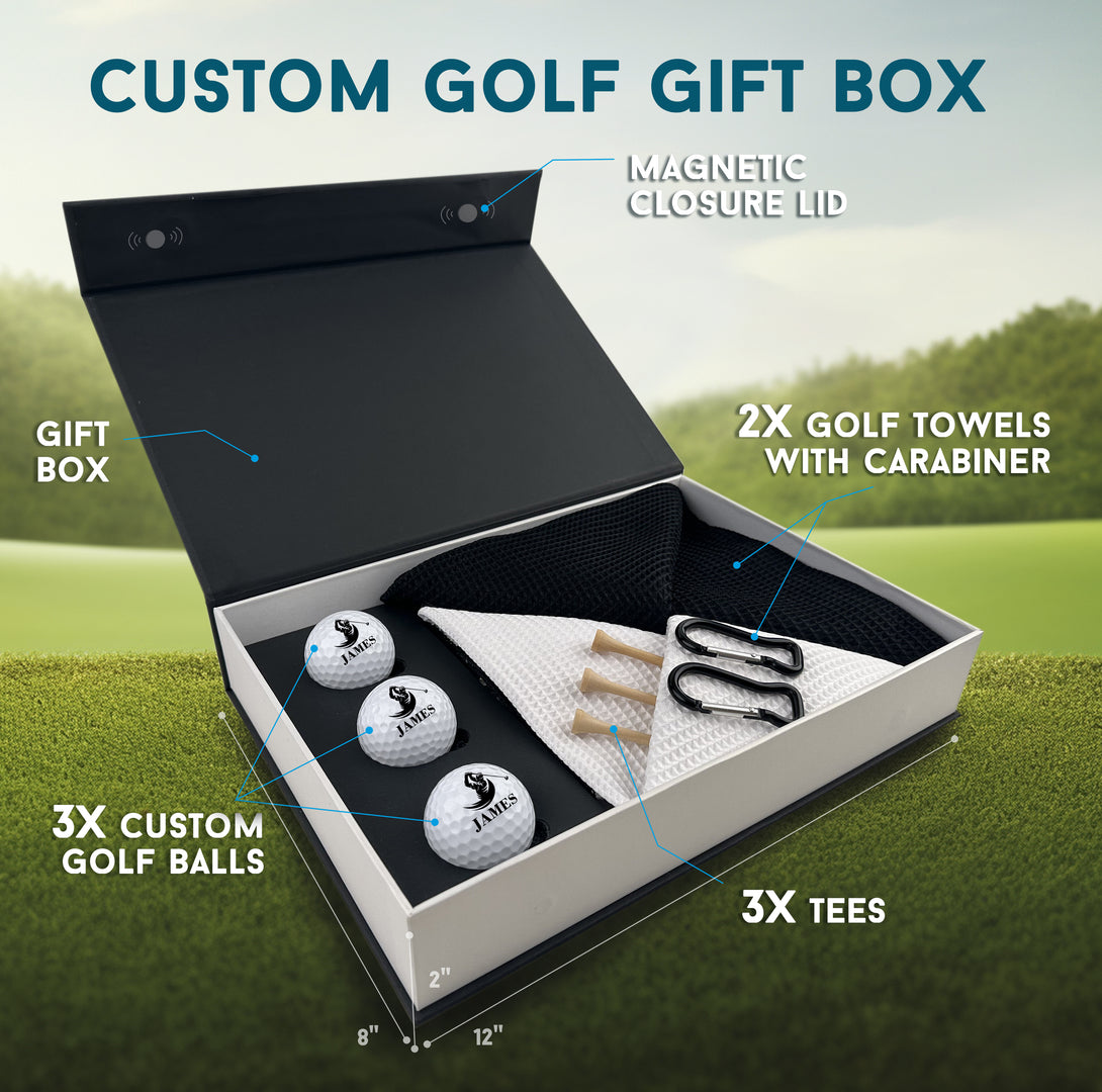 Personalized Golf Gift Box Set of 3 Custom Golf Balls Towels - Custamazegifts.com 