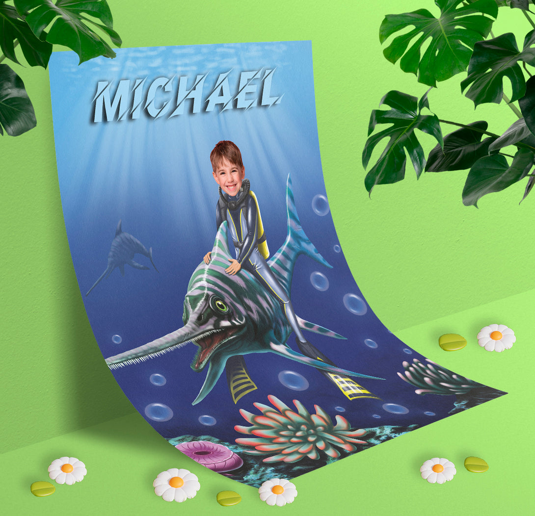 Print Poster Boy Fish Wall Art, Personalized Water Dino Photoshop Portrait - Custamazegifts.com 