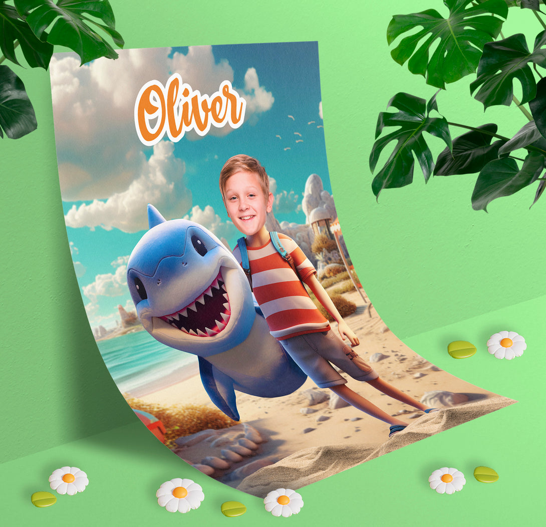 Personalized Shark and Boy Print Poster, Ocean Theme Gift for Kid Boys - Custamazegifts.com 