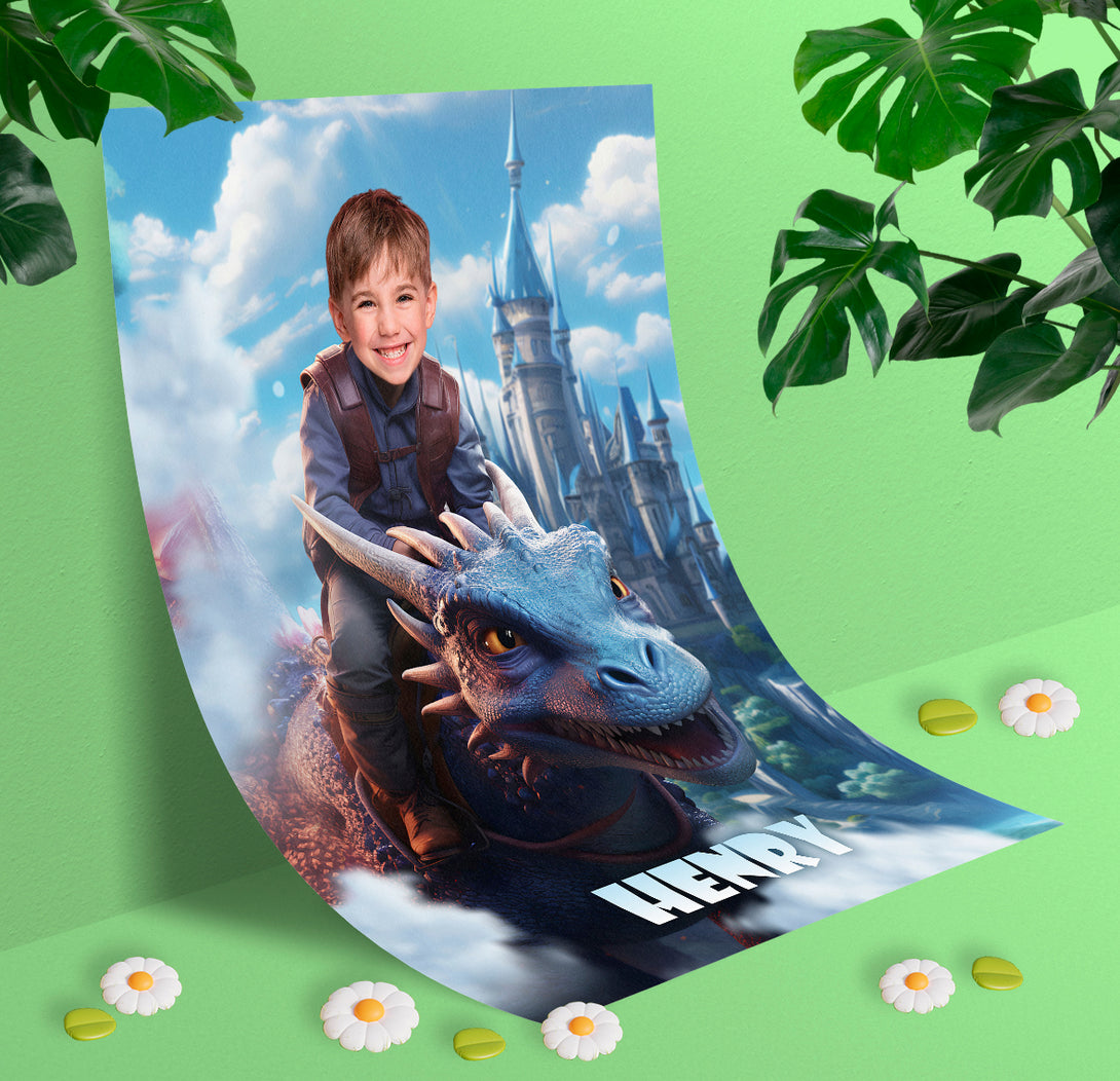 Prince and Dragon Boys Photo Portrait Poster, Custom Knight Riding Dragon Print - Custamazegifts.com 