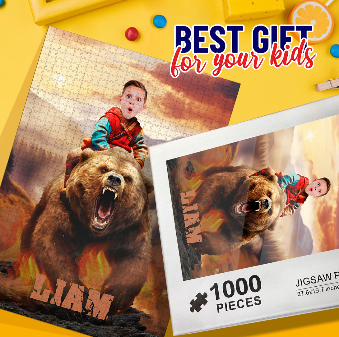 Custom Toys for Boys Kids Face Photo Puzzle, Child Riding Bear Game Puzzle - Custamazegifts.com 