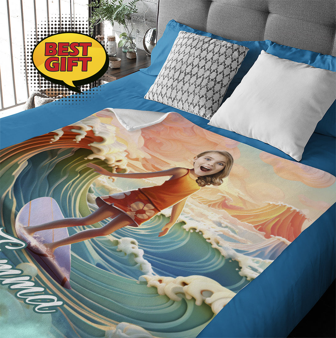 Surfing Girl Personalized Blanket from Photo, Surf Themed Birthday Gifts for Her - Custamazegifts.com 