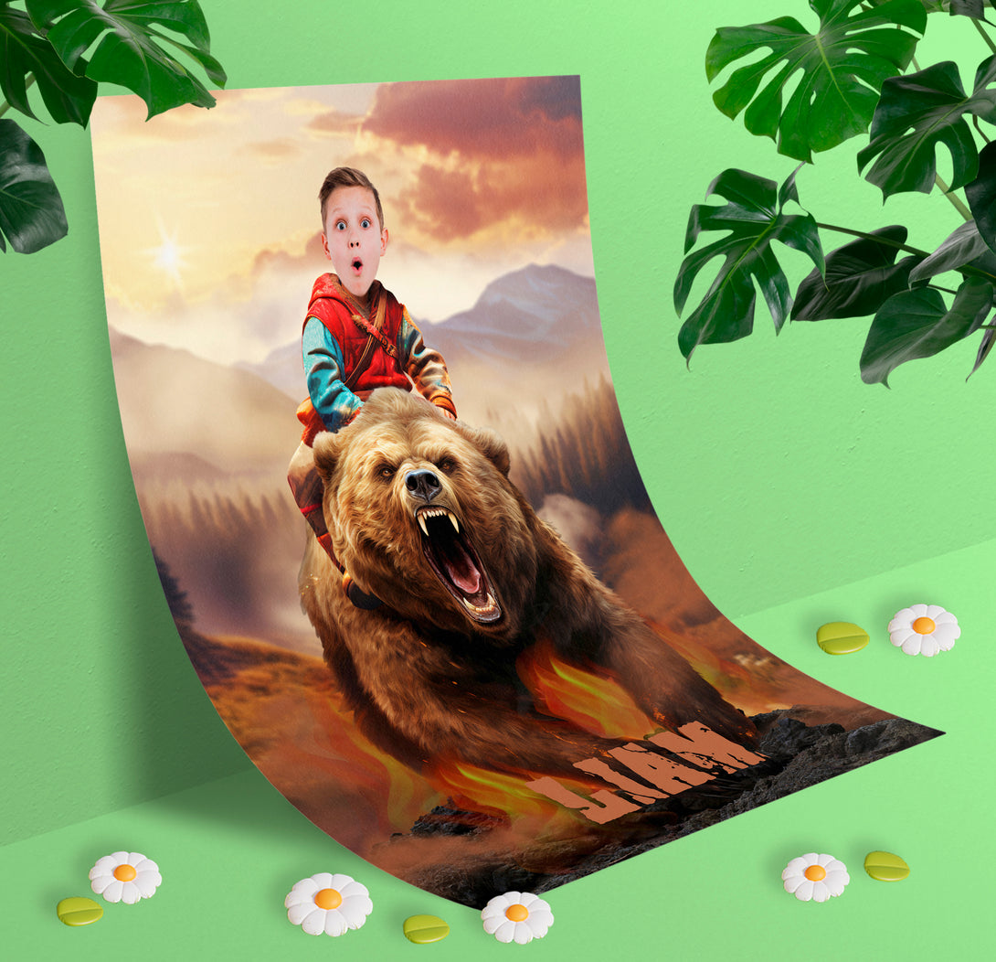 Custom Photo Poster Child Riding Bear, Gift for Animal Lover - Custamazegifts.com 