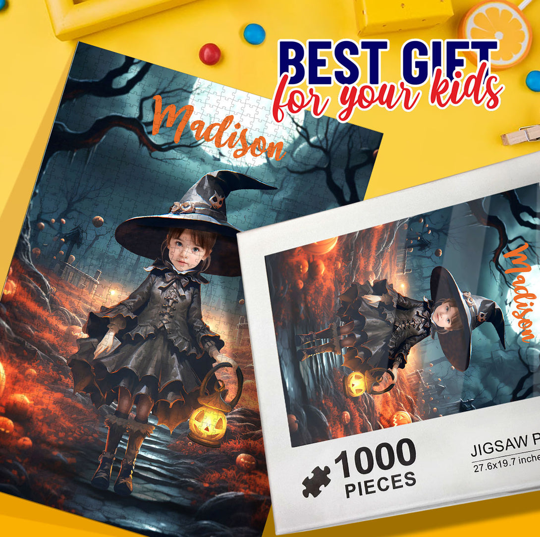 Custom Witch Jigsaw Puzzle, Kids Wednesday Portrait Puzzle From Photo - Custamazegifts.com 