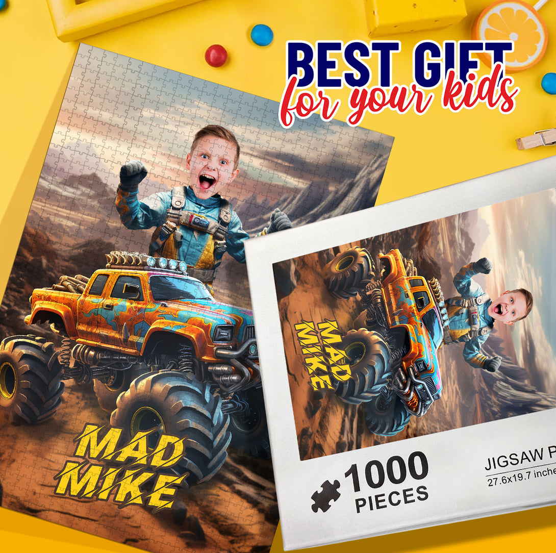 Boys Face Photo Puzzle, Monster Truck Unique Memory Gift - Custamazegifts.com 