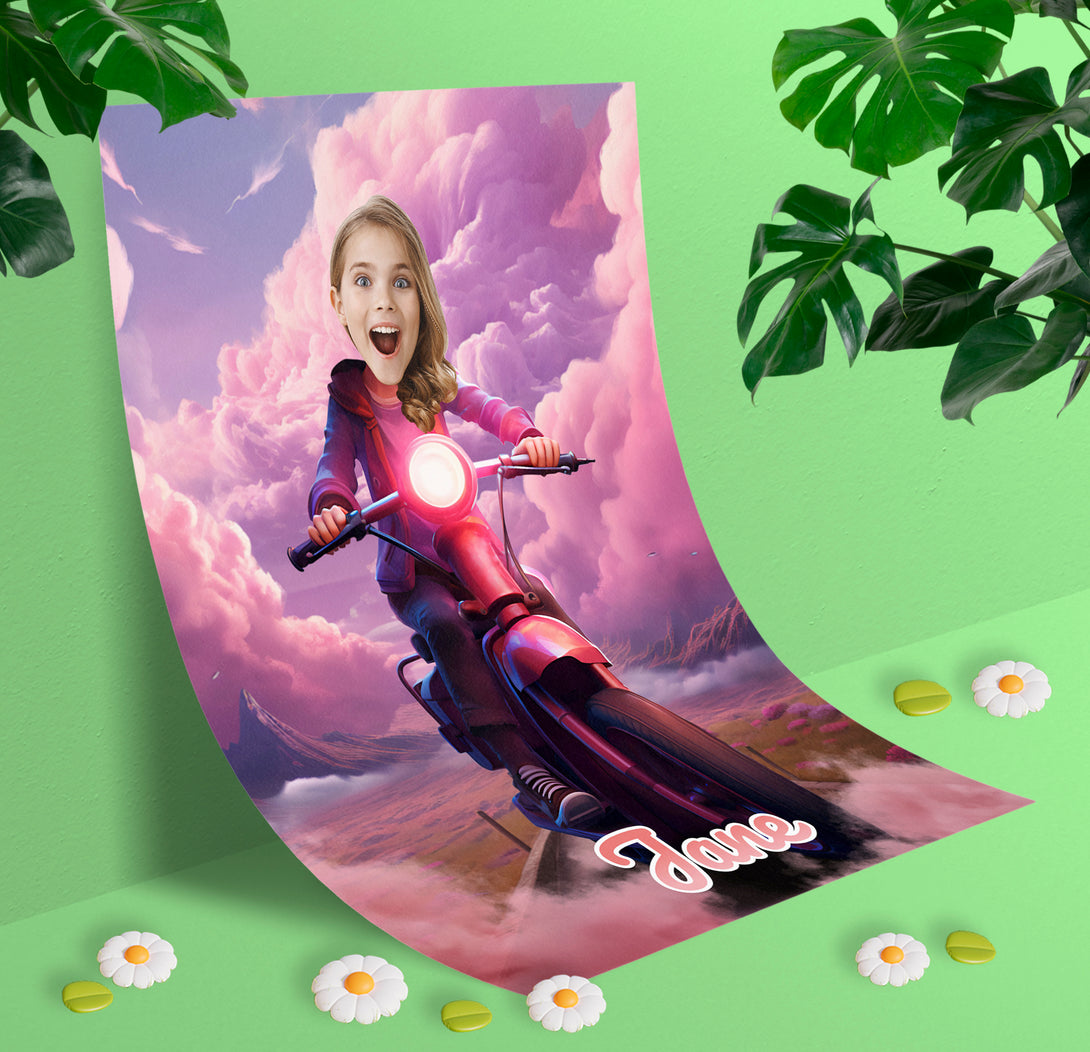 Personalized Poster Girl Ride Bike, Kids' Photoshop Motorbike Portrait - Custamazegifts.com 