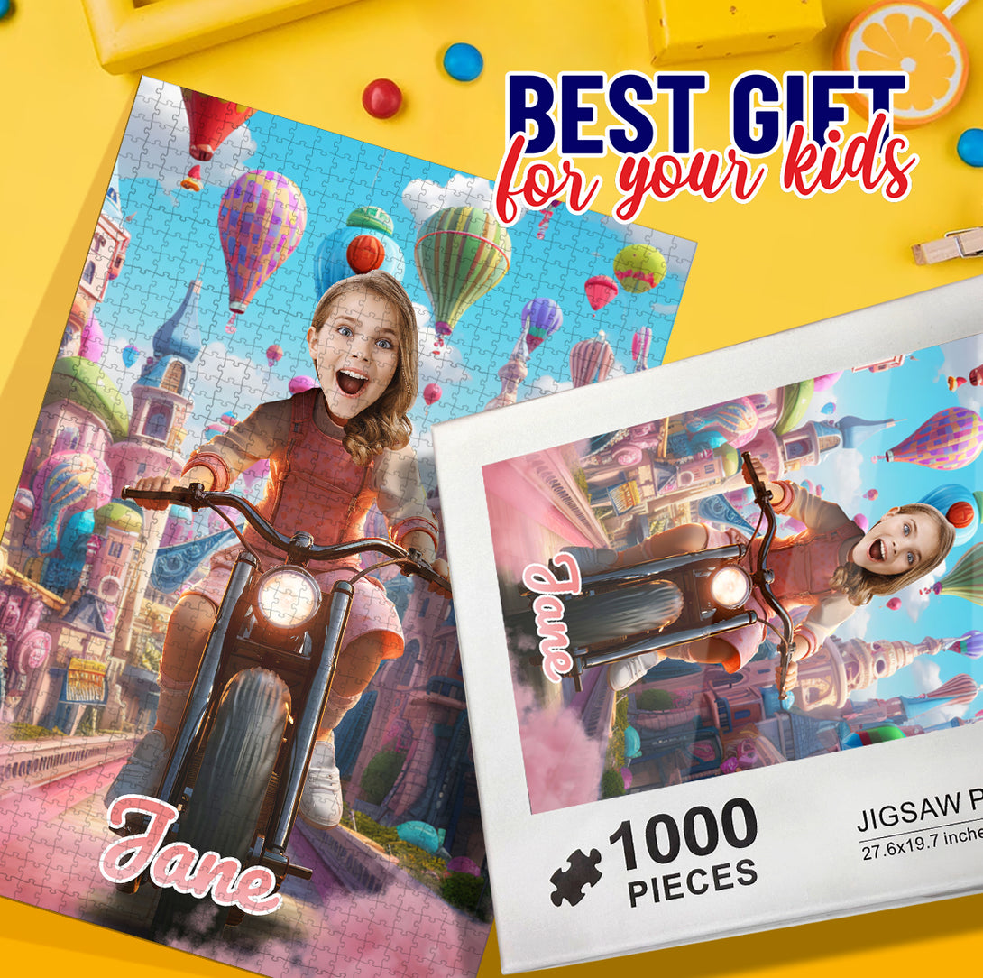 Girl Riding a Bike Fairytale Jigsaw Puzzles, Custom Photo Gift for Her - Custamazegifts.com 