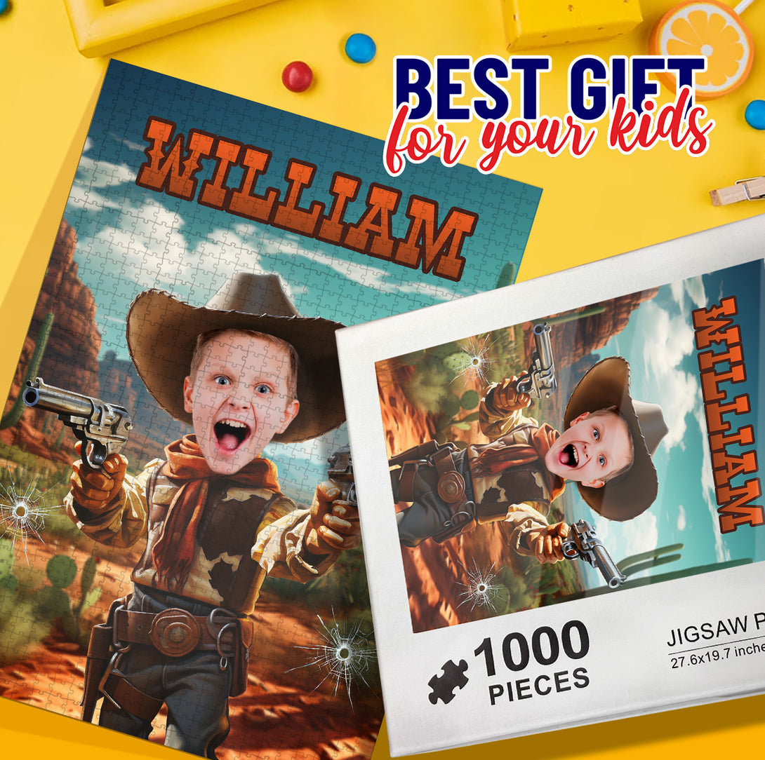 Custom Puzzle Western Boys Photo Name Gifts, Cowboy Photo Gift - Custamazegifts.com 