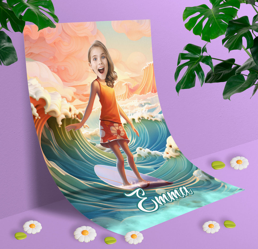 Personalized Surfer Girl Poster, Beach Lover Custom Photo Gift - Custamazegifts.com 