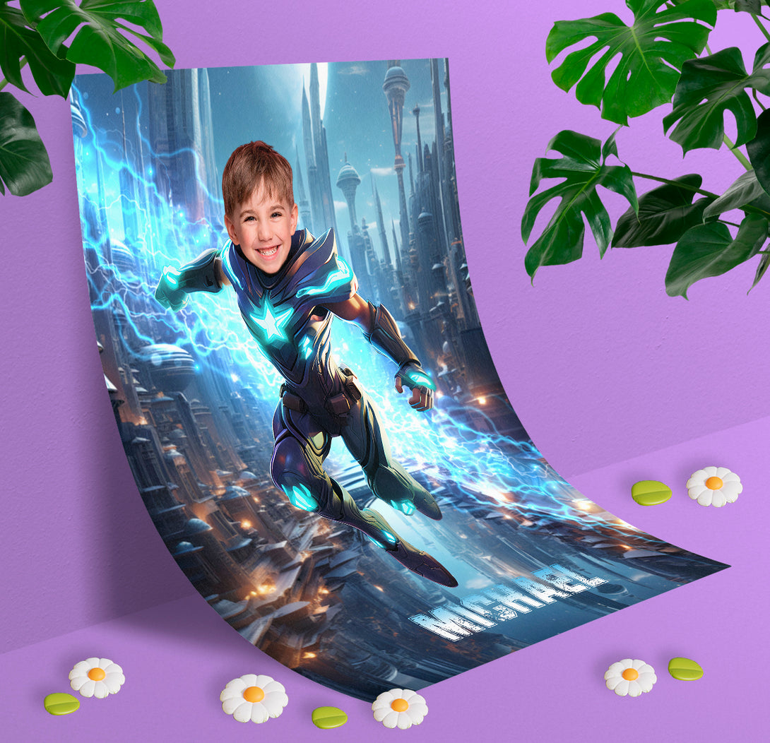 Personalize Poster Super Hero Boy with Face, Kids Superhero Photo Poster - Custamazegifts.com 