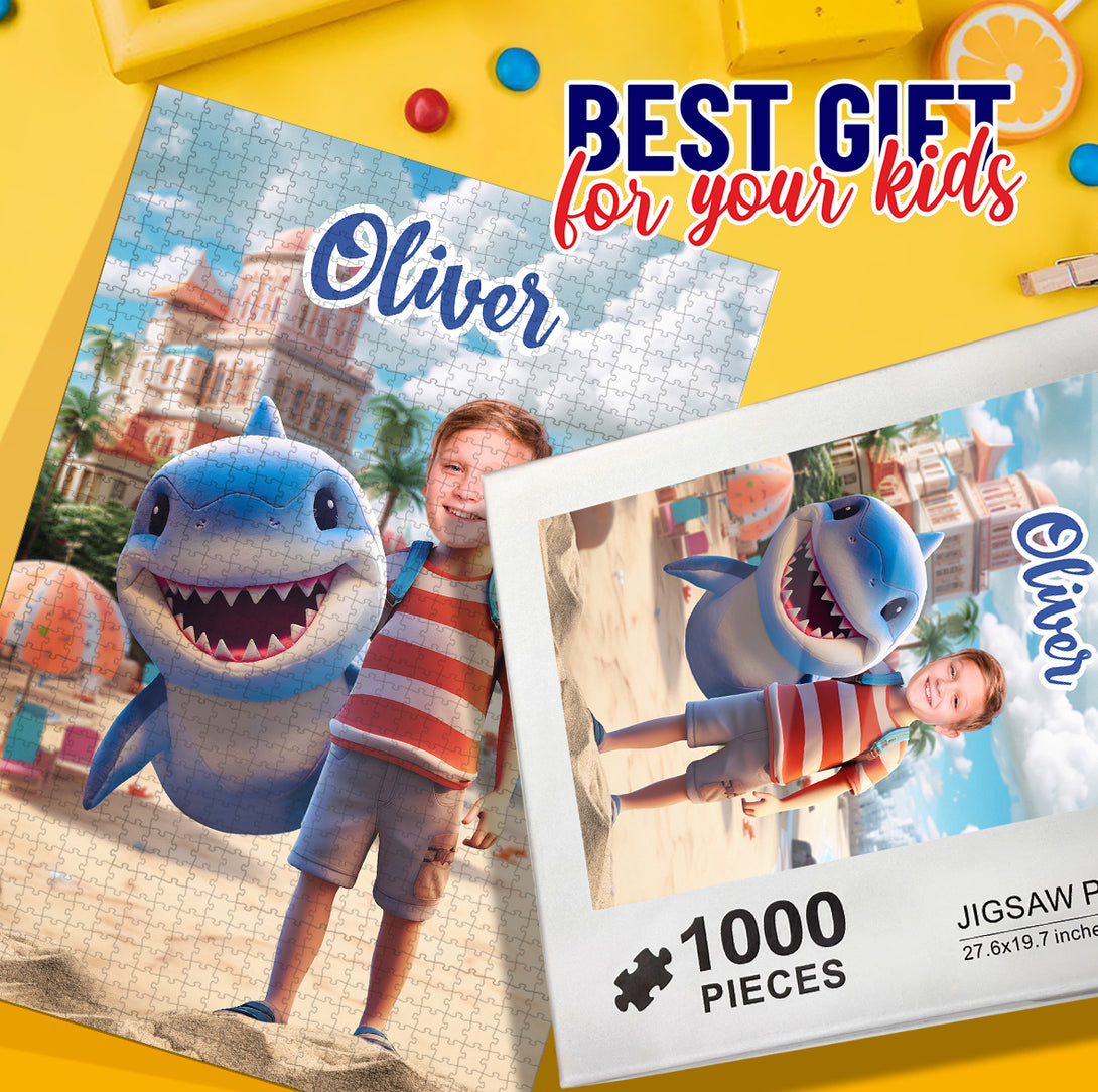 Shark and Boy Photo Puzzle, Custom Face Jigsaw Puzzles for Kids - Custamazegifts.com 