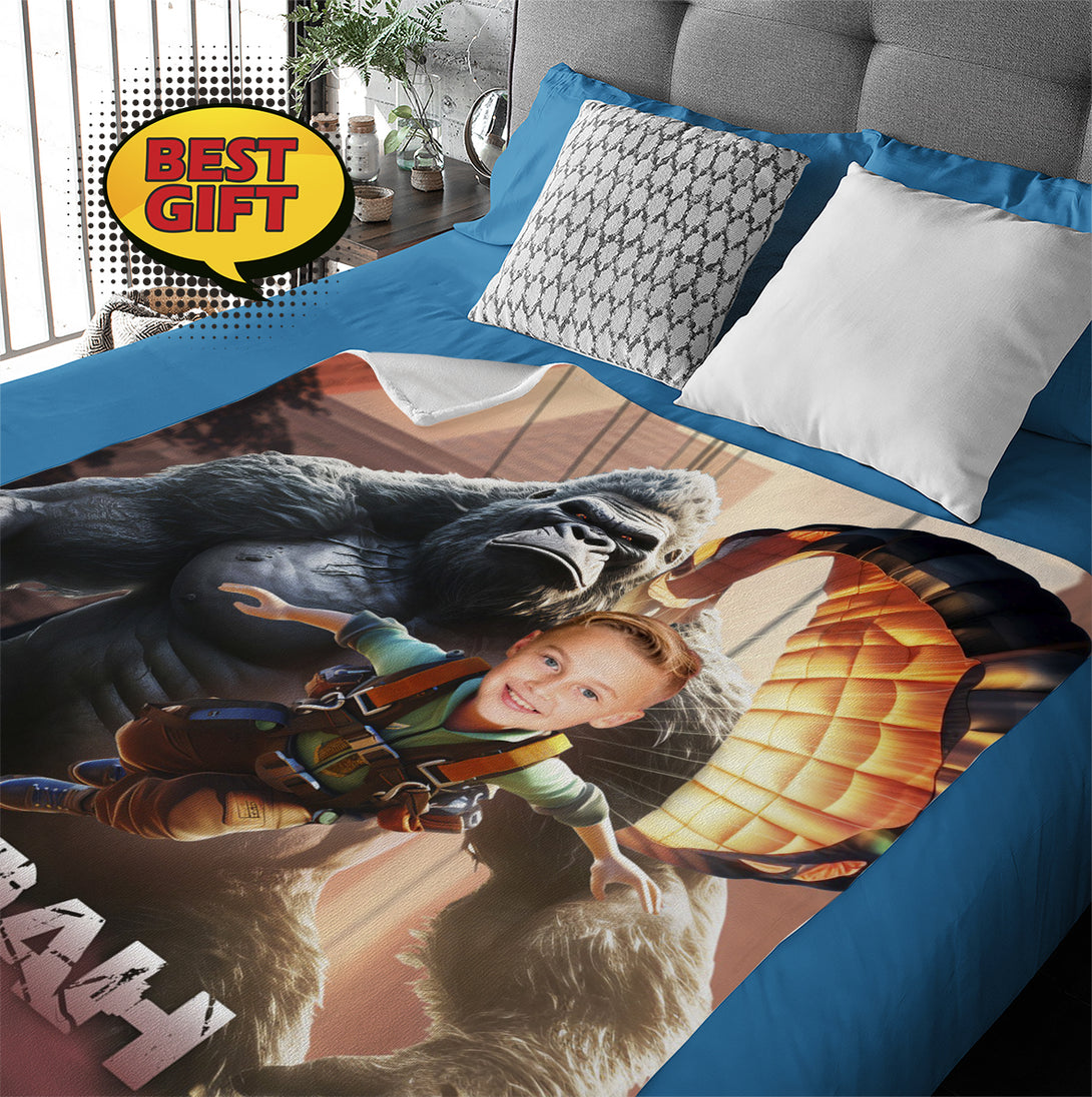 Personalized Blanket King Kong Kids Custom Face, Boys Bed Room Blanket - Custamazegifts.com 