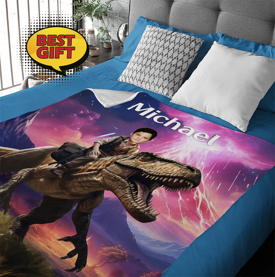 Blanket Child Riding T-Rex Dinosaur, Boys Room Picnic Jurassic Blanket - Custamazegifts.com 