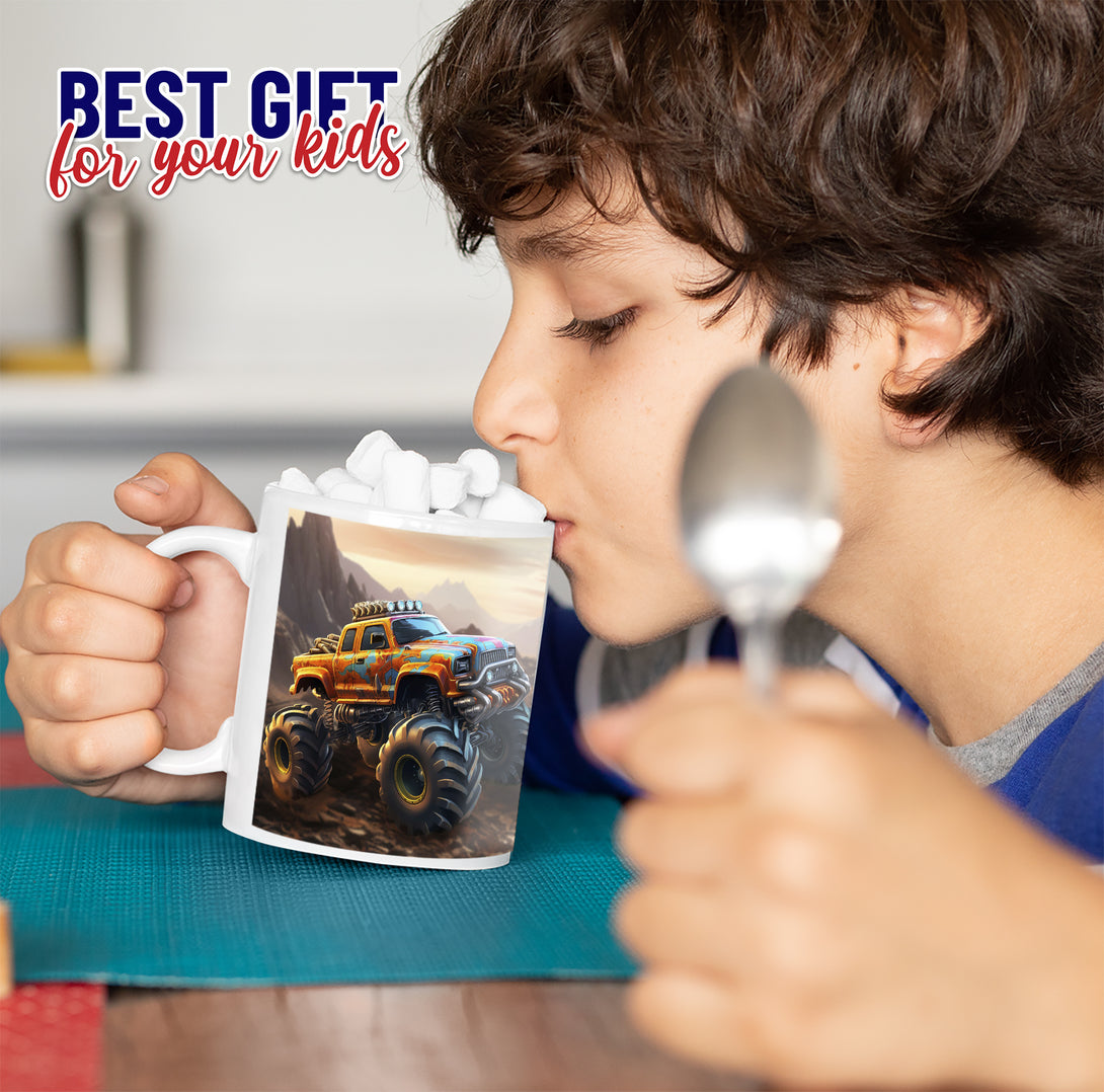 Kids Gift Mug Monster Truck with Your Photos, Boys Custom Mug Cartoon - Custamazegifts.com 