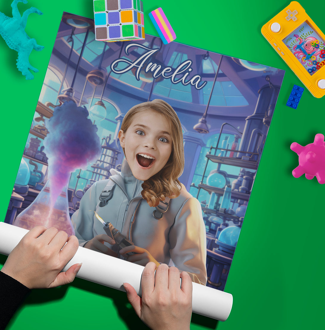 Custom Scientist Girl Photo Poster for Her, Personalized Magician Gift - Custamazegifts.com 