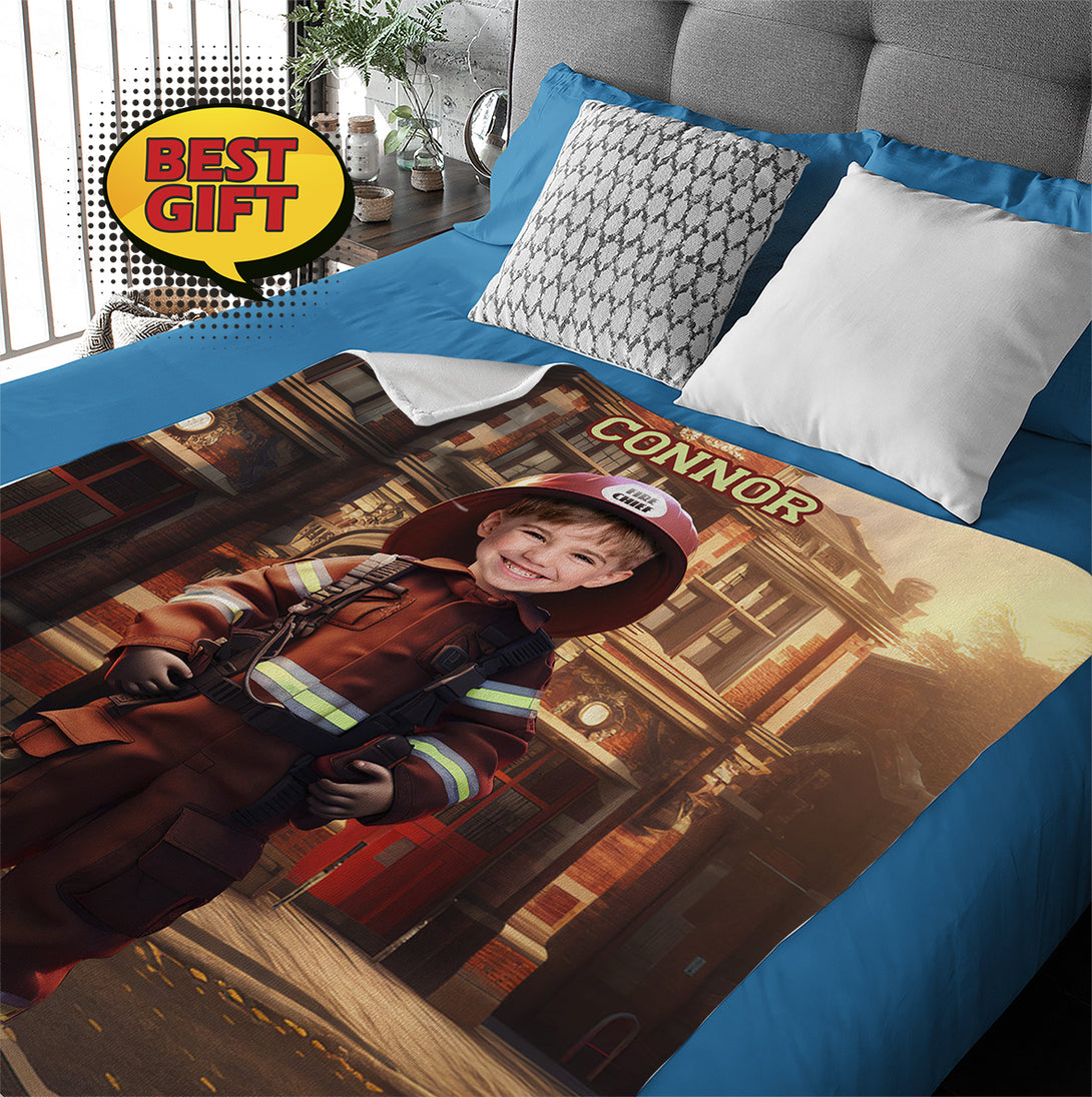 Custom Boy Firefighter Photo Blankets, Kids Personalized Blanket - Custamazegifts.com 