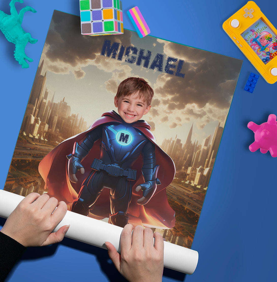 Personalize Poster Super Hero Boy with Face, Kids Superhero Photo Poster - Custamazegifts.com 