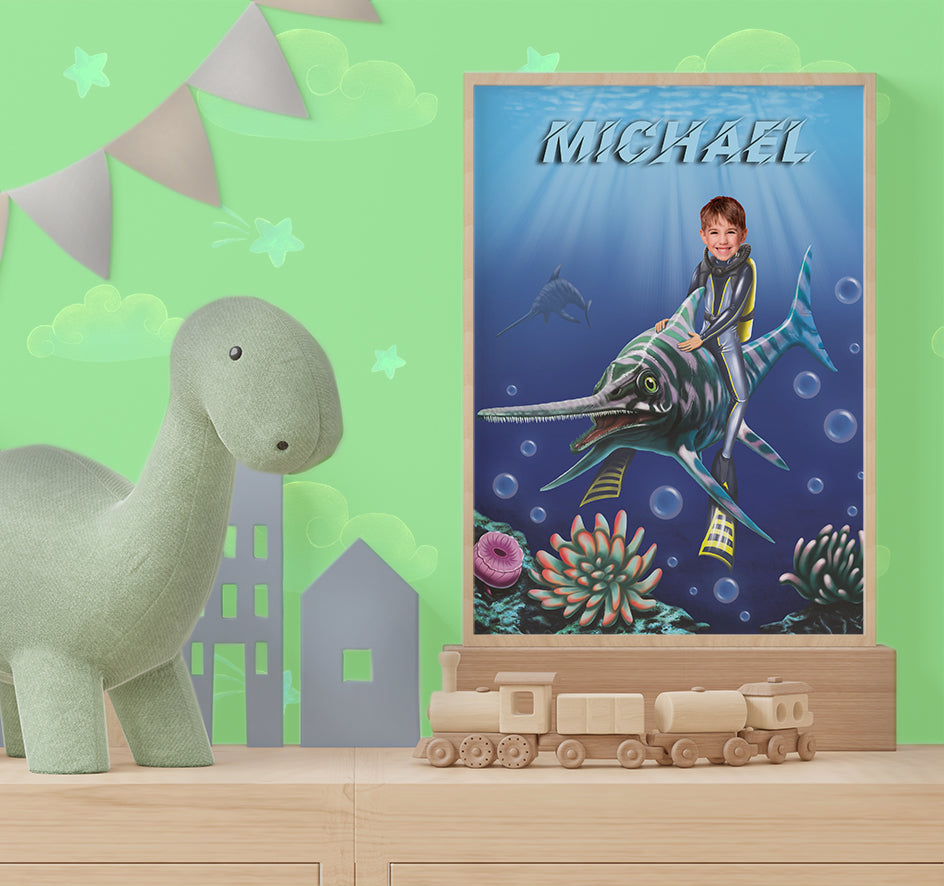 Print Poster Boy Fish Wall Art, Personalized Water Dino Photoshop Portrait - Custamazegifts.com 