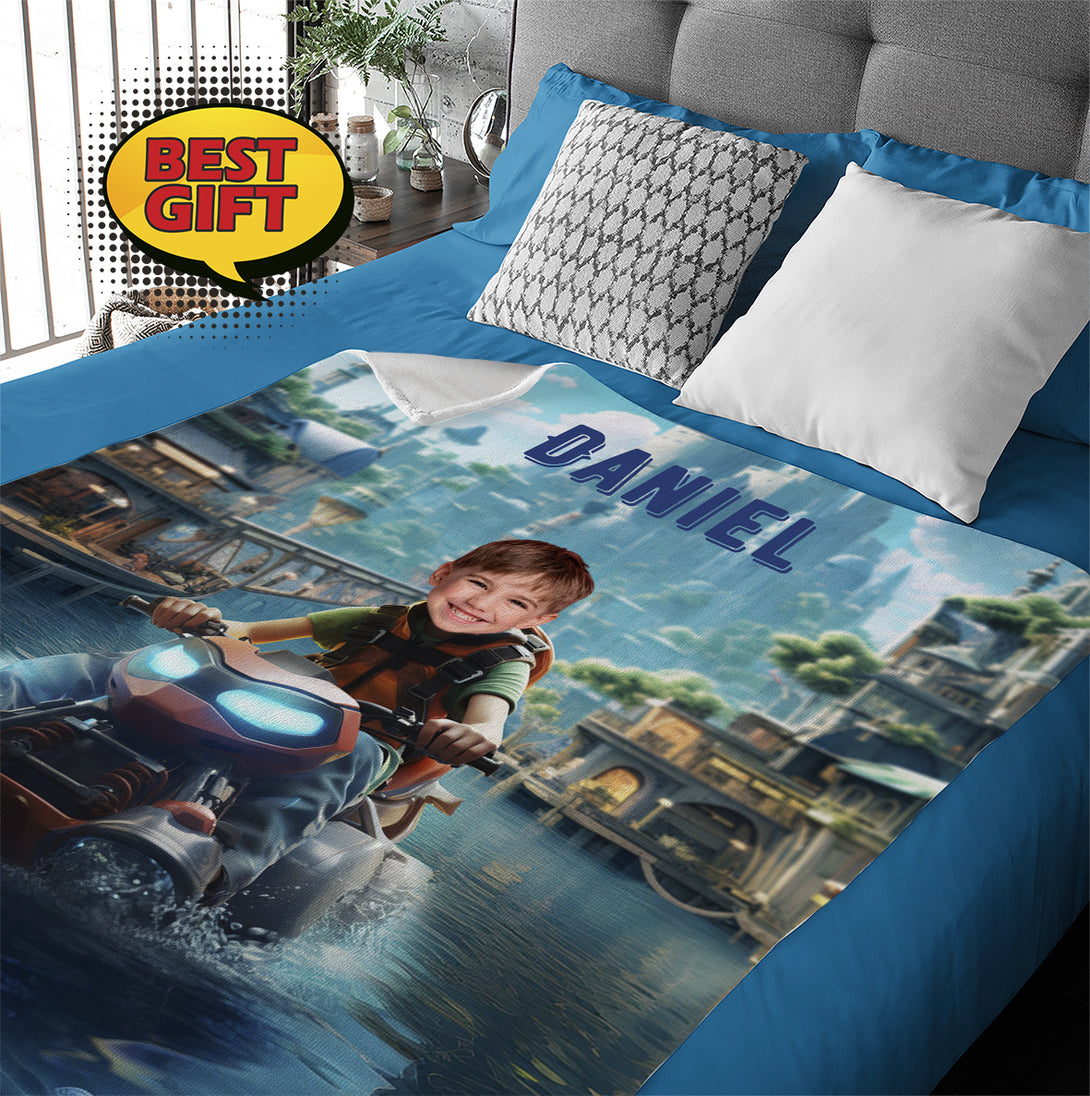 Personalized Boys Room Blanket, Custom Boy on Jet Ski Picture Blanket - Custamazegifts.com 