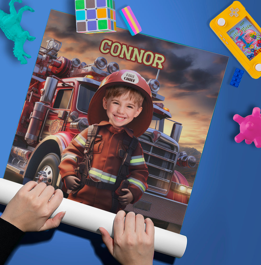 Custom Firefighter Boys Print Poster Wall Art, Digital Kids Portrait - Custamazegifts.com 