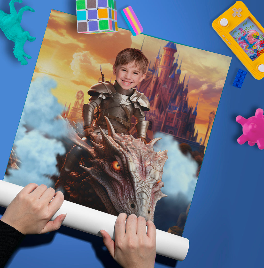 Prince and Dragon Boys Photo Portrait Poster, Custom Knight Riding Dragon Print - Custamazegifts.com 