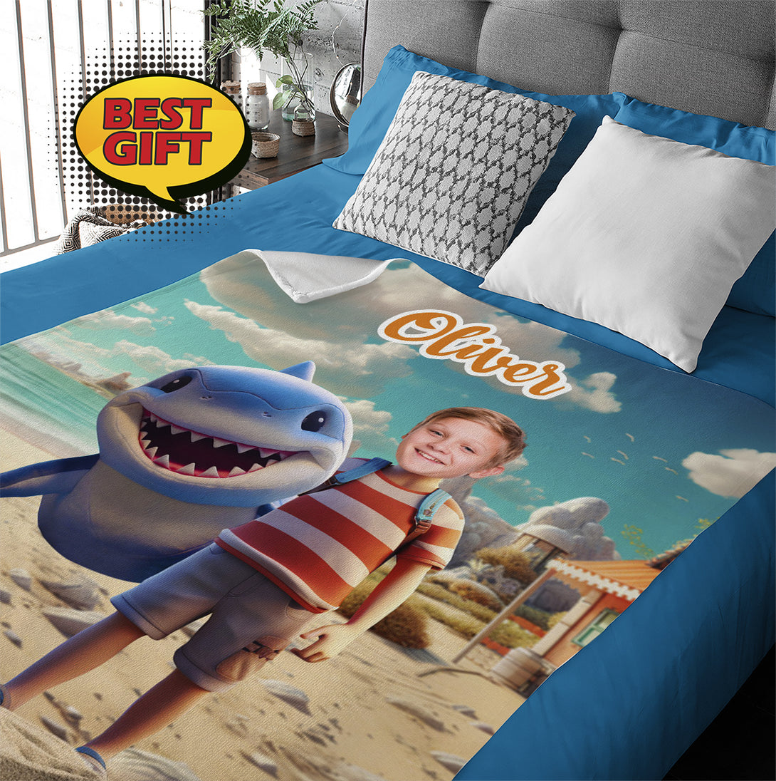 Personalized Shark and Boy Photo Face Blanket - Custamazegifts.com 