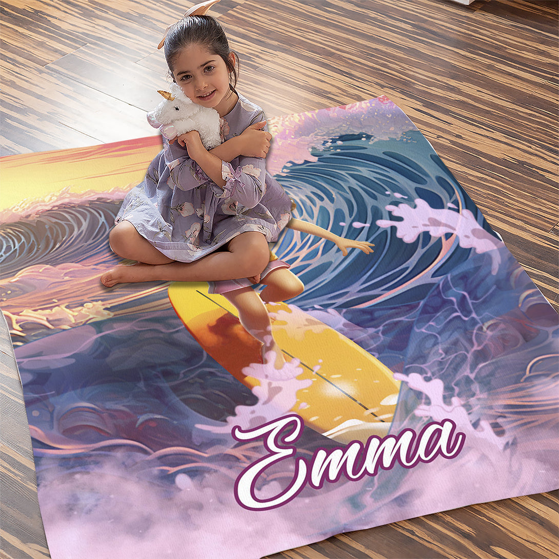 Surfing Girl Personalized Blanket from Photo, Surf Themed Birthday Gifts for Her - Custamazegifts.com 