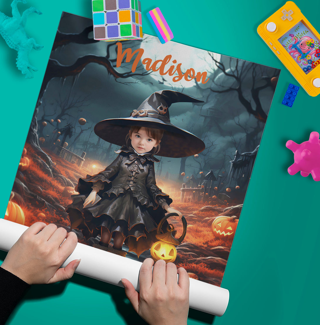 Custom Photo Poster Gift For Kids, Girl Halloween Witch Portrait - Custamazegifts.com 