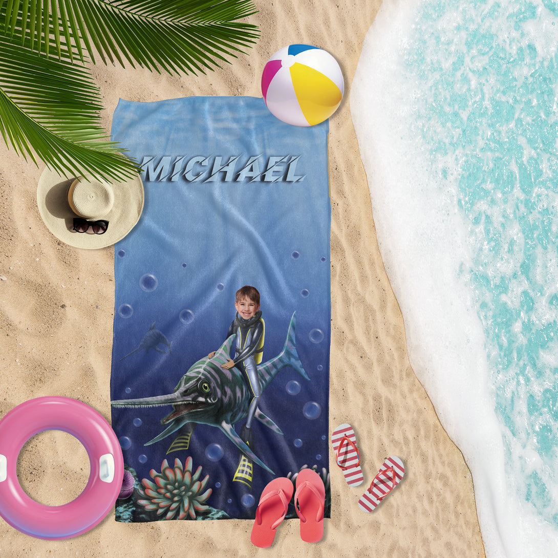 Boys Beach Towel Ocean Theme Gift, Personalized Towel Nephew Gift - Custamazegifts.com 