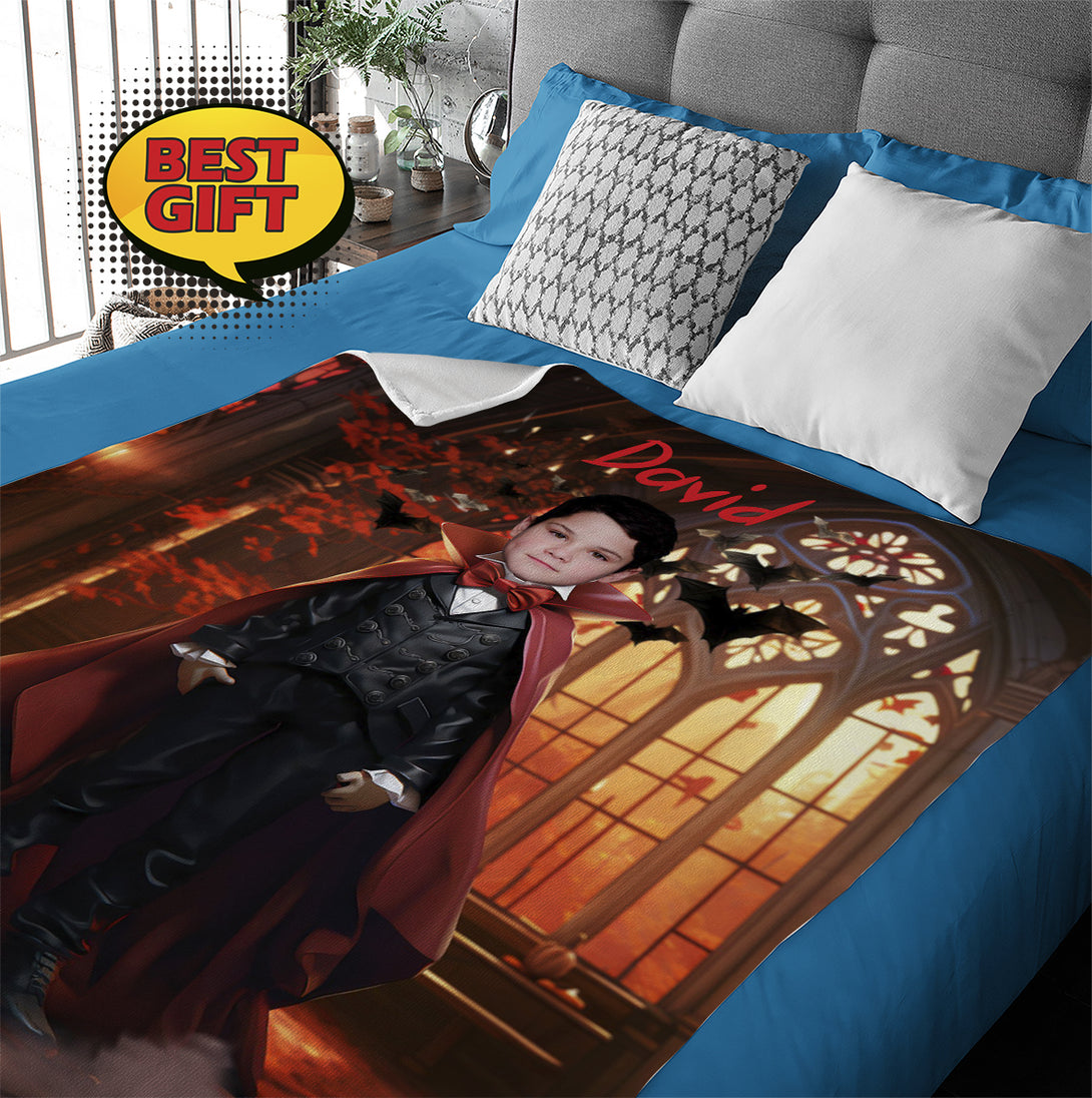 Boy Halloween Gift Personalized Photo Blanket, Custom Dracula Vampire Blanket - Custamazegifts.com 