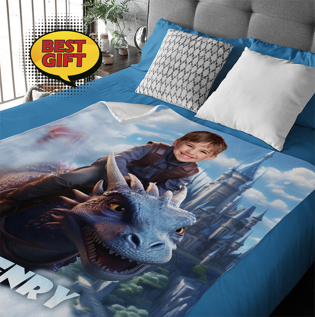 Boy Knight on the Dragon Personalized Blanket with Your Face - Custamazegifts.com 