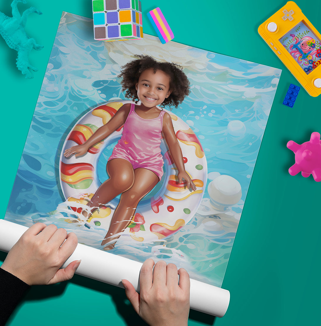 Custom Prints Kids Pool Float and Girl Poster Personalized Portrait Gift for Her - Custamazegifts.com 