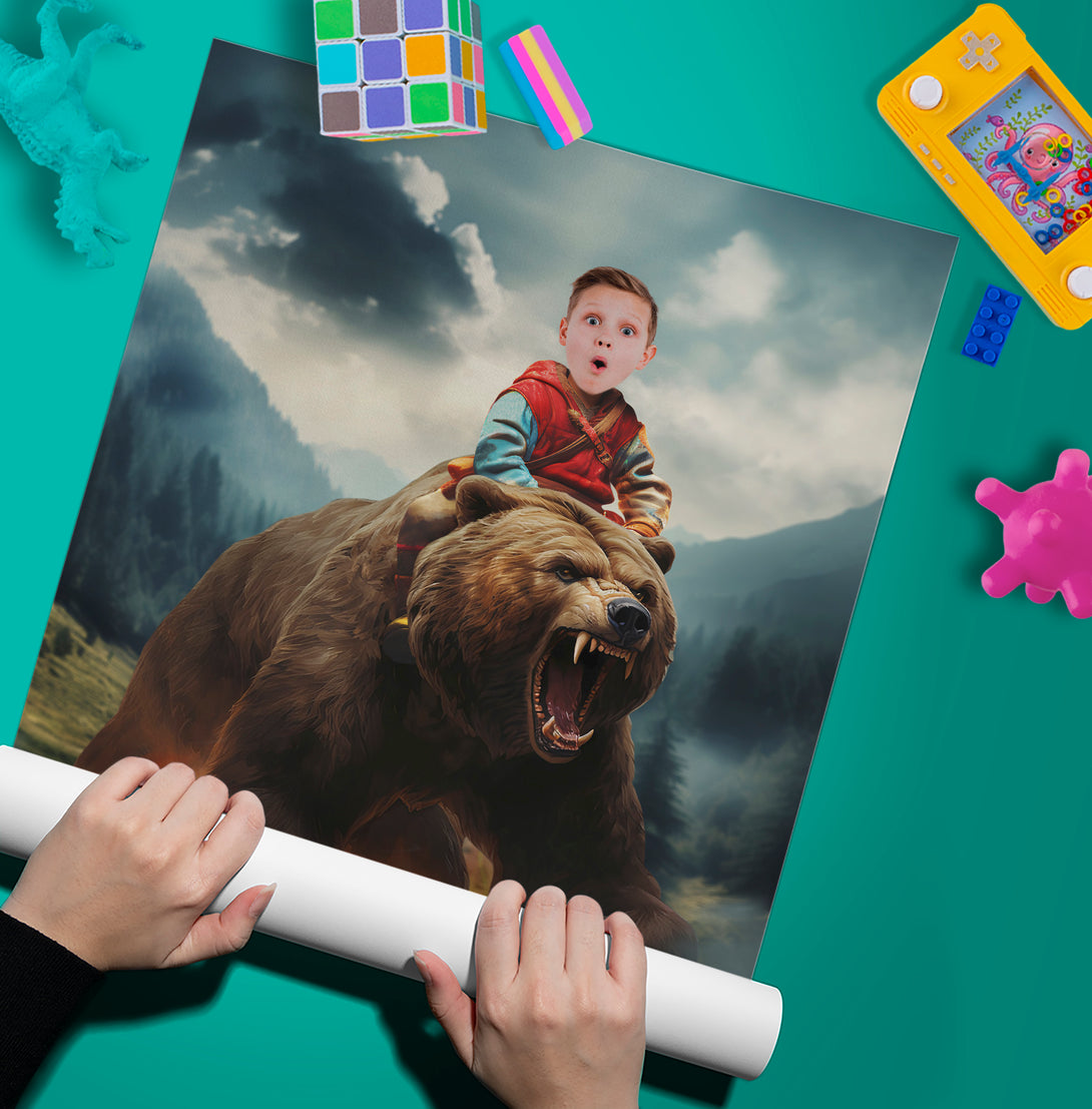 Custom Photo Poster Child Riding Bear, Gift for Animal Lover - Custamazegifts.com 