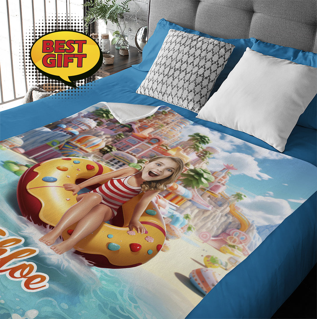 Customized Pool Float and Girl Photo Blanket, Personalized Picnic Kids Blankets - Custamazegifts.com 