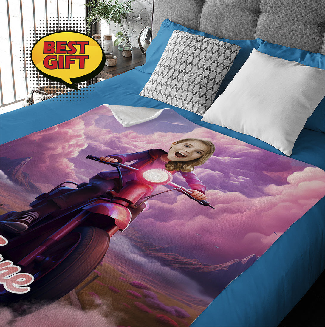 Princess Girl Riding a Motorcycle Personalized Blanket from Photo - Custamazegifts.com 