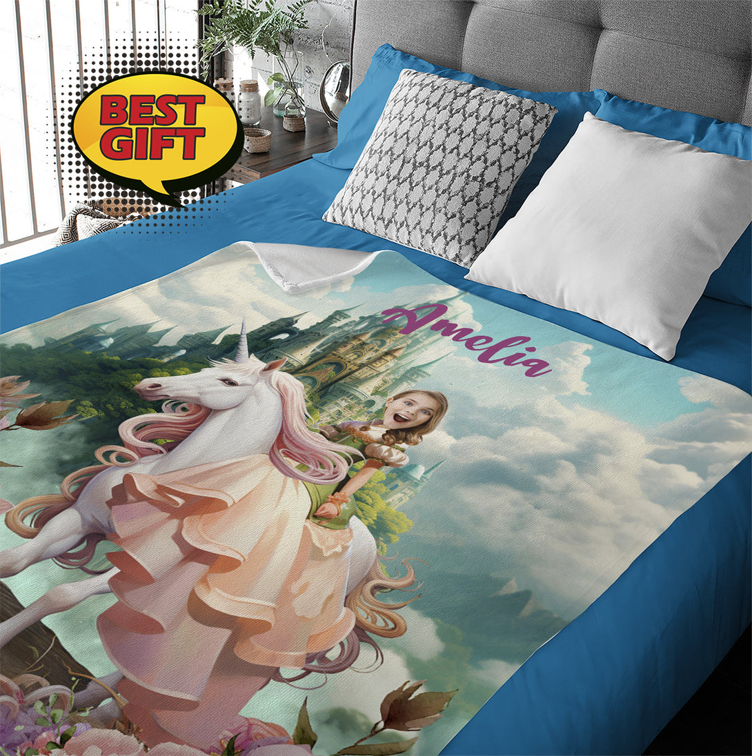 Custom Unicorn Princess Photo Blanket For Girls, Personalized Name Blanket - Custamazegifts.com 