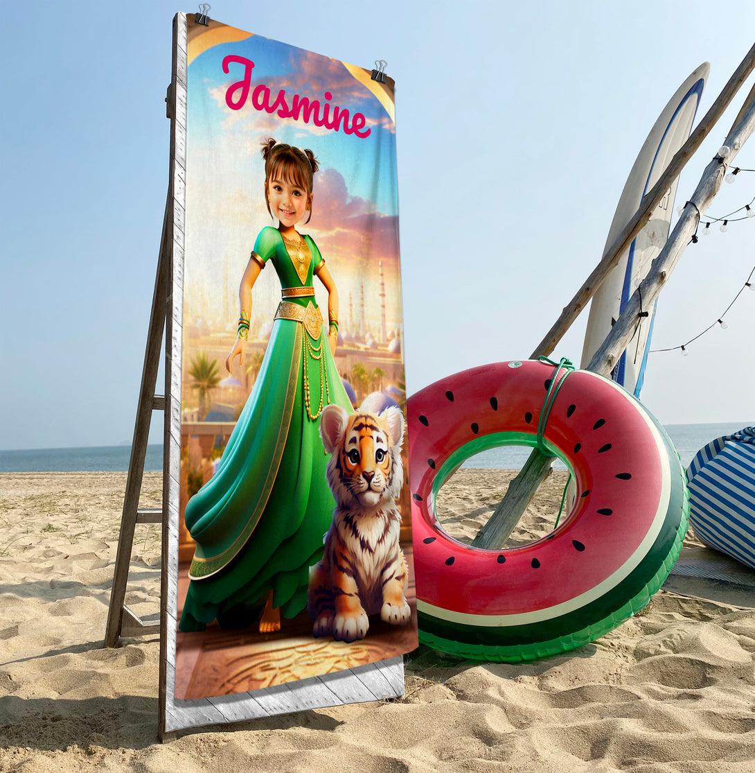 Personalized Princess Jasmine Girl Beach Towel, Aladdin Gift for Her - Custamazegifts.com 