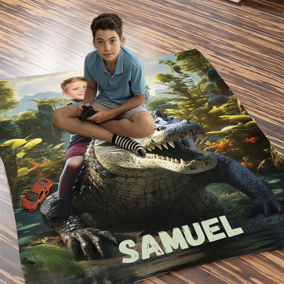 Boy With Crocodile Customized Blanket, Kids Animals Theme Gift - Custamazegifts.com 