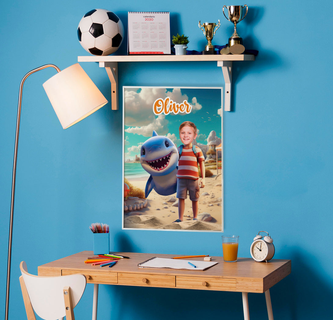 Personalized Shark and Boy Print Poster, Ocean Theme Gift for Kid Boys - Custamazegifts.com 