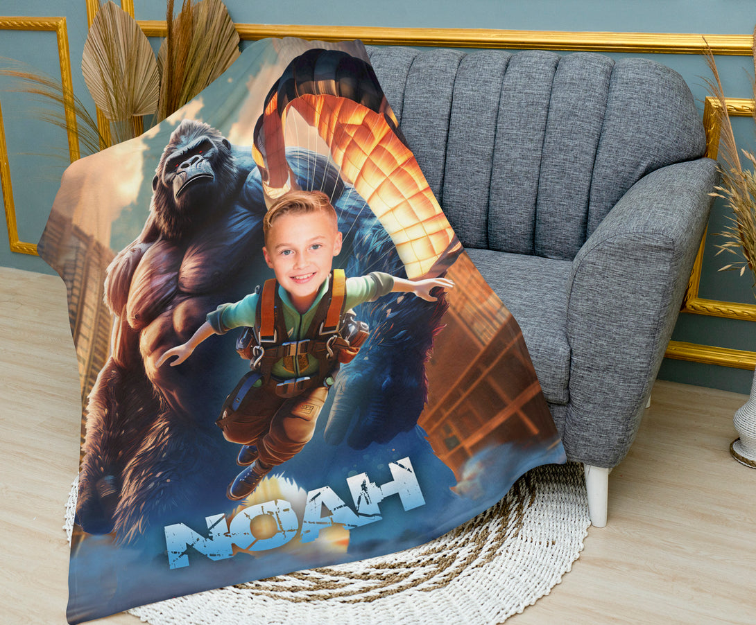 Personalized Blanket King Kong Kids Custom Face, Boys Bed Room Blanket - Custamazegifts.com 