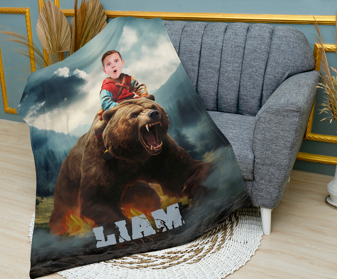 Boys Photo Blanket, Kids Custom face Bear and Boy Gift for Animal Lover - Custamazegifts.com 