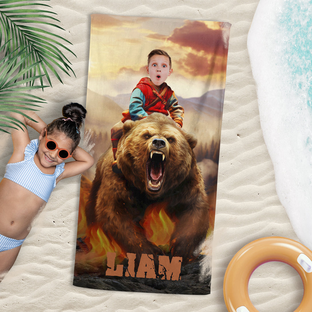 Boys Face Beach Towel, Child Riding Bear Gift for Animal Lover - Custamazegifts.com 