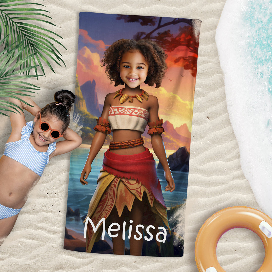 Customize Girl Moana Princess Beach Towel, Princess Inspired Pool Girls' Gift - Custamazegifts.com 